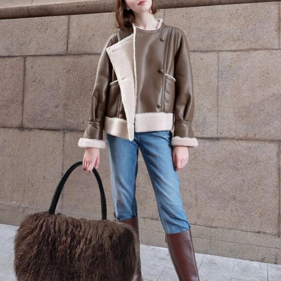 Women Luxury Real Lamb Mongolian Flush Wool Fur With Genuine Leather Handles Han - Picture 7 of 9